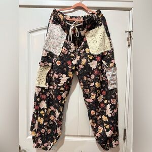 POL Floral Patchwork Black Cargo Joggers with Cream Pockets